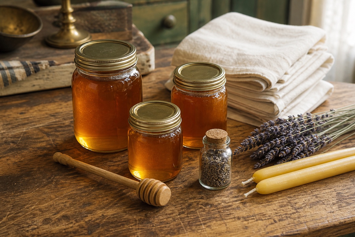 Wildflower honey, beeswax tapers, lavender, and linen on a vintage mercantile table
