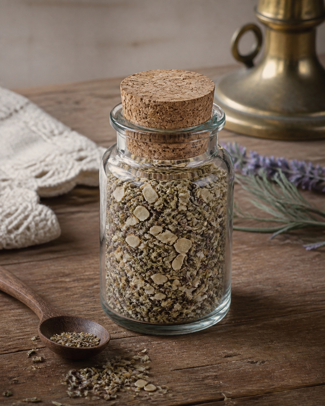 Small apothecary jar of garlic-and-herb seasoning on a vintage mercantile table