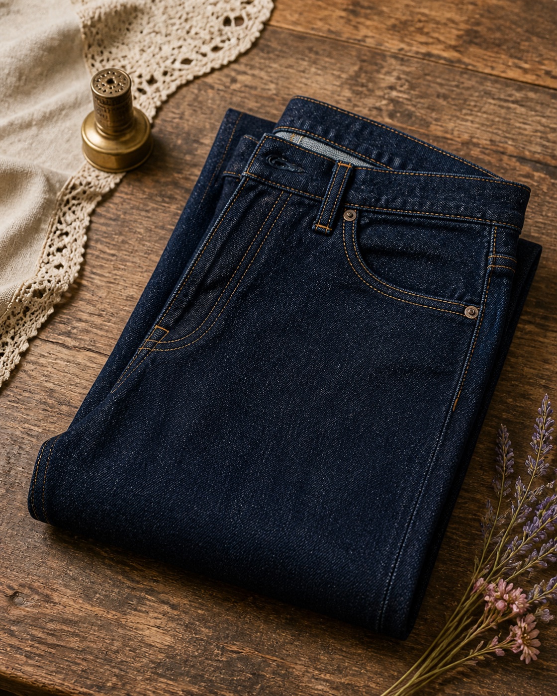 Deep-rinse straight-leg jeans folded on a vintage mercantile table