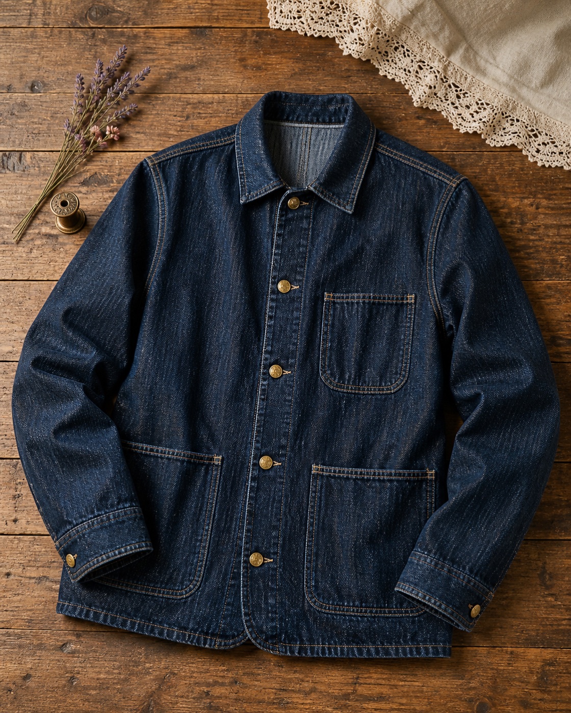 Indigo chore jacket with patch pockets and brass-tone buttons