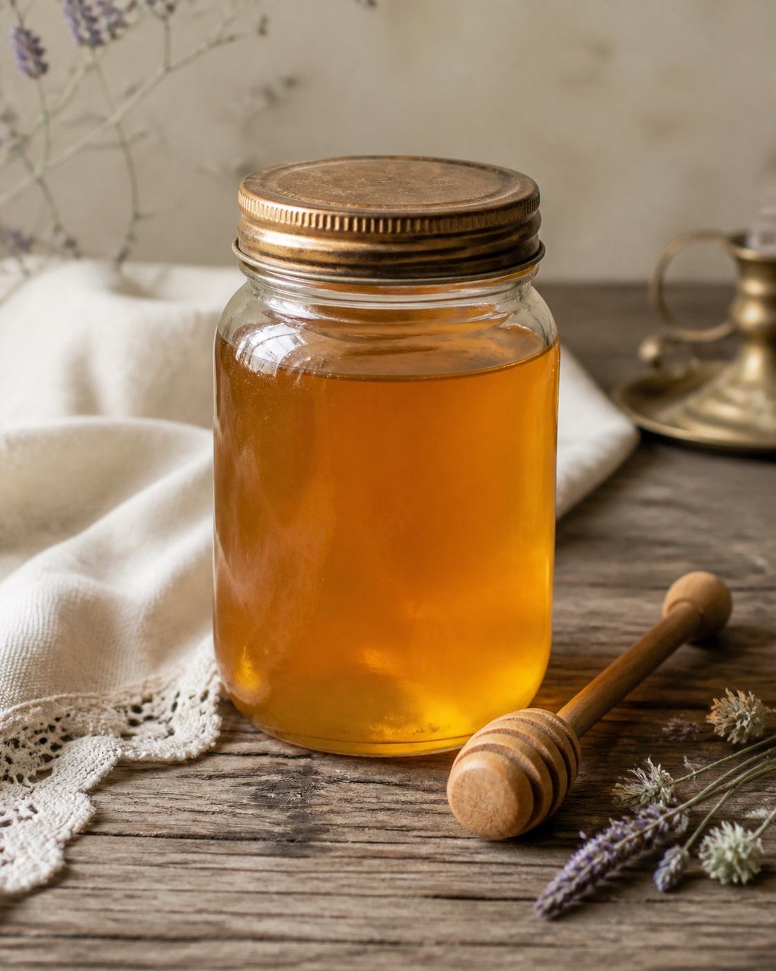 Clear glass jar of amber wildflower honey with a wooden honey dipper